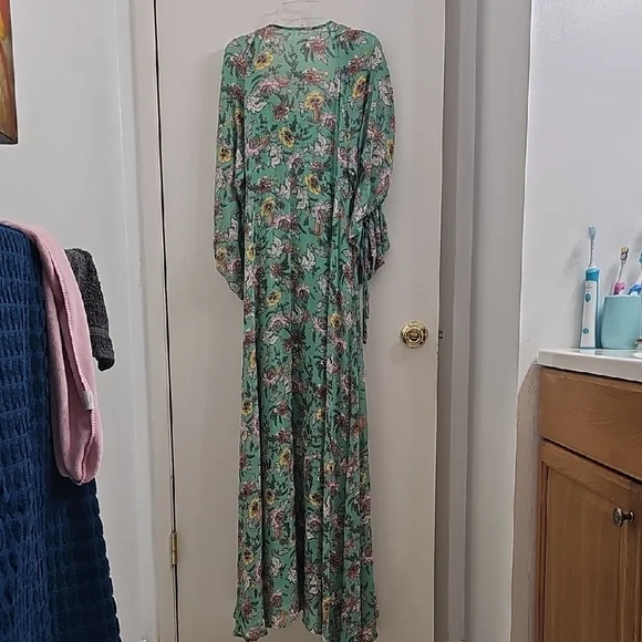 Free People Green and White Tiered Wrap Gown - Picture 3 of 5